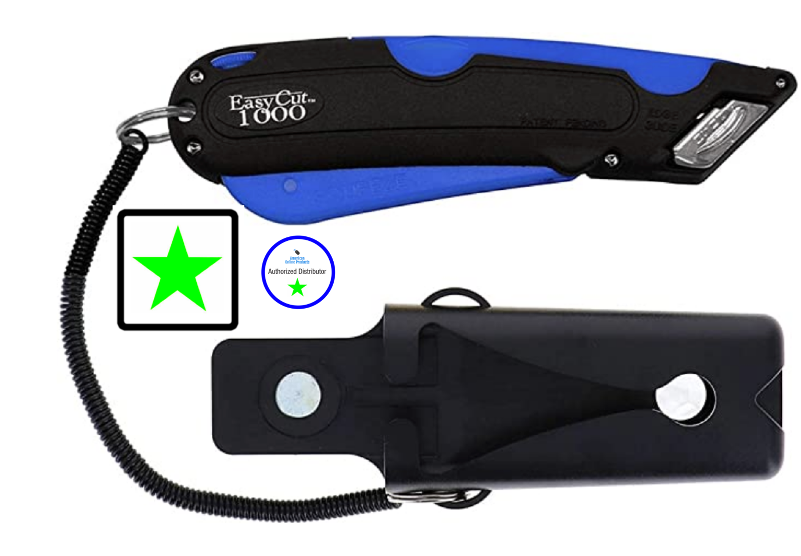 Easy Cut 1000 Blue Safety Box Cutter Knife 2 Blades; Holster Lanyard Easycut
